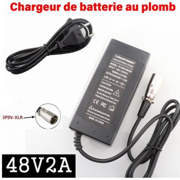 Chargeur de batterie au plomb 48V 2A pour batterie au plomb 57.6V Scooters de vélo électriques chargeur de moto prise XLR à 3 broche