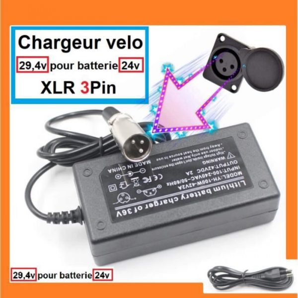 Chargeur vélo 24v XLR pour vélo électrique [3 PIN] Chargeur 29,4v pour batterie 24v [Verifiez avant d'acheter]
