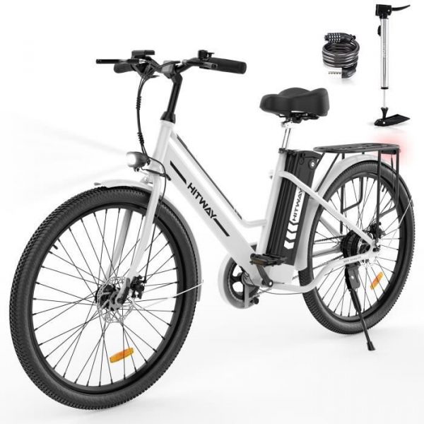 HITWAY Vélo électrique E-Bike 26" ,Moteur 250W, Batterie au Lithium Amovible 36V 8.4Ah 35 à 70 km Avec serrure Blanc