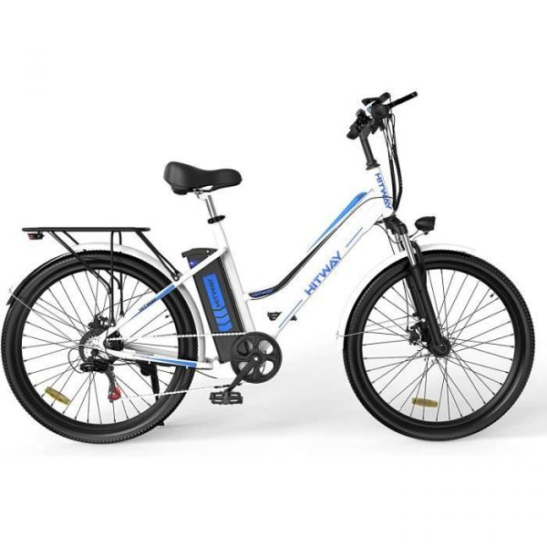 HITWAY Vélo électrique, E-Bike avec pneu 26",Moteur 250W,Shimano 7 Vitesses, Batterie au Lithium Amovible Blanc