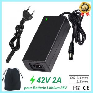 Chargeur trottinette electrique 42V 2A, Chargeur Batterie Vélo électrique 36V Lithium Adaptateur Universel, avec Sac de Rangement