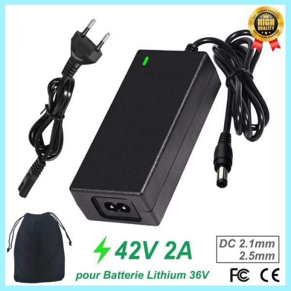Chargeur trottinette electrique 42V 2A, Chargeur Batterie Vélo électrique 36V Lithium Adaptateur Universel, avec Sac de Rangement