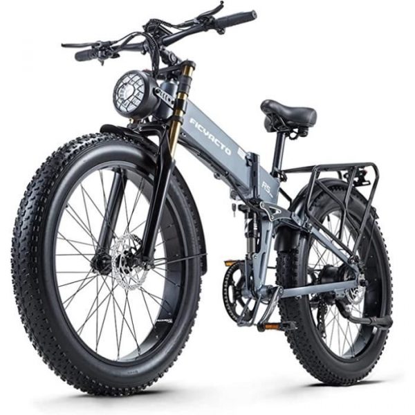 FICYACTO Vélo électrique pliable 26'' VAE Ville, 1000W Shimano 8 Vitesses,Freins à patins,Autonomie 60 km,Cadre aluminium-Gris